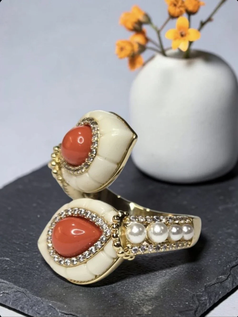 18k Gold Plated Designer Scallop Lucite Coral Cabochon Pearl Crystal Bypass Ring